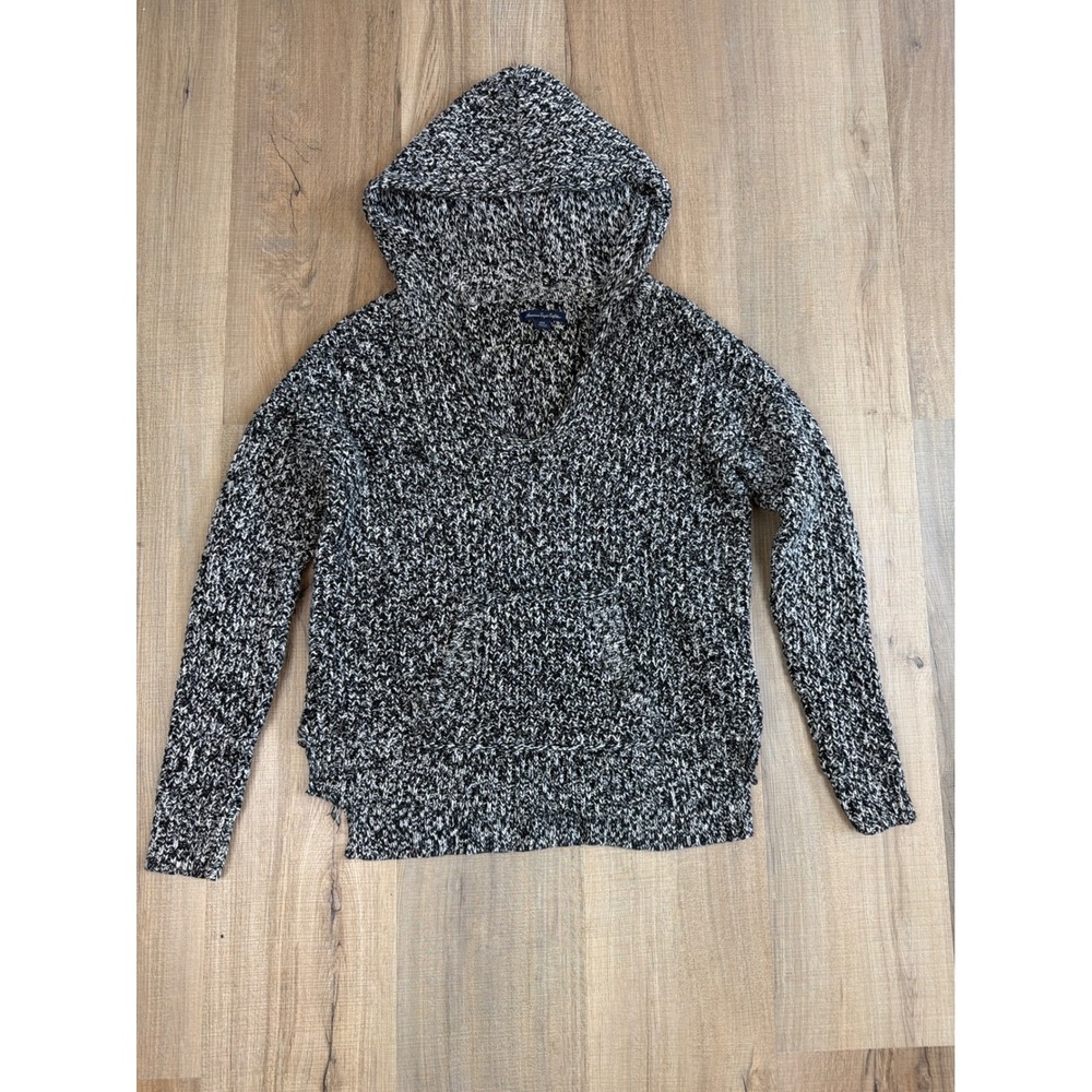 American Eagle Womens M Black White Marled Knit Hoodie Sweater 100% Cotton